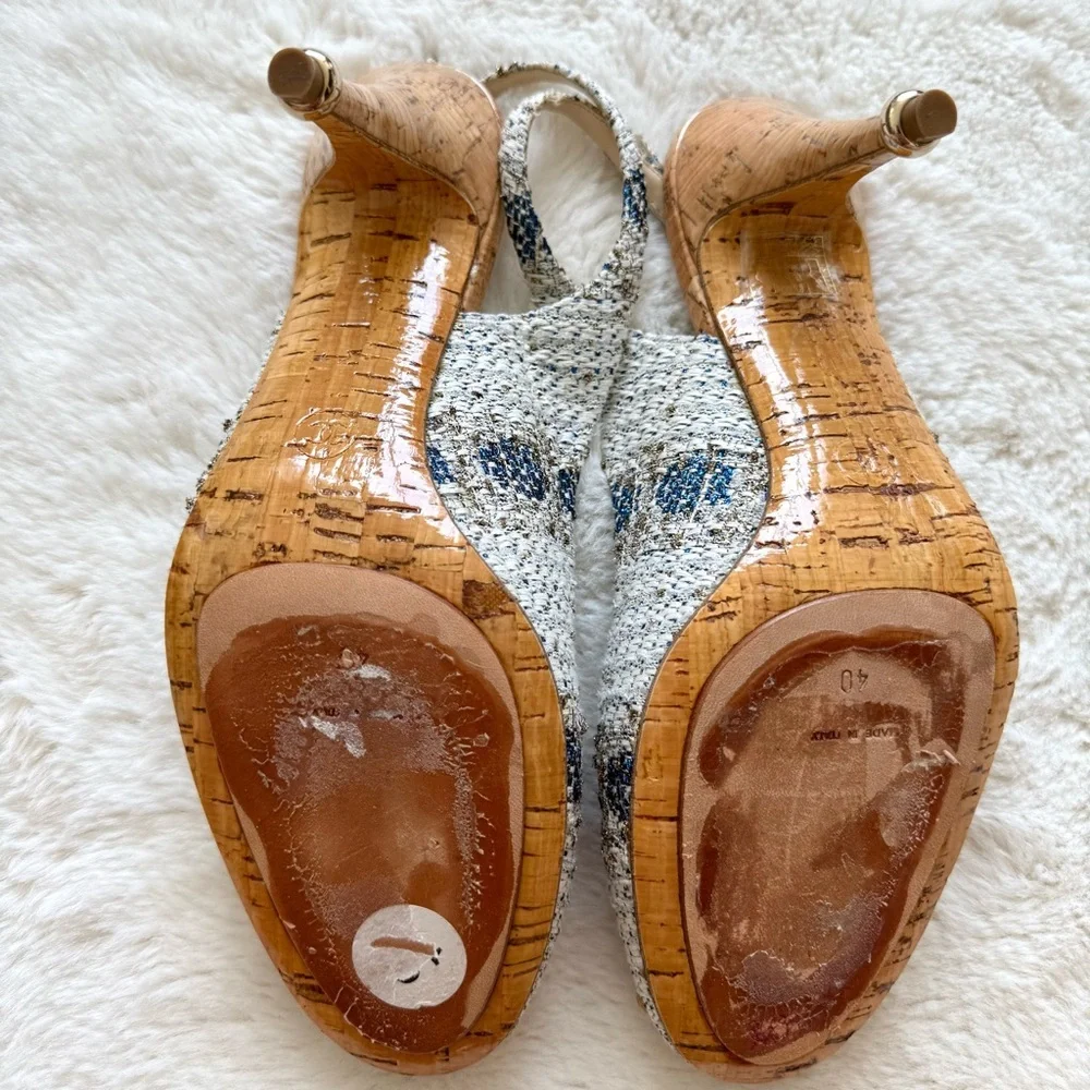 CHANEL Tweed Interlocking CC Blue White Slingback Size 40 EU or 10US Authentic